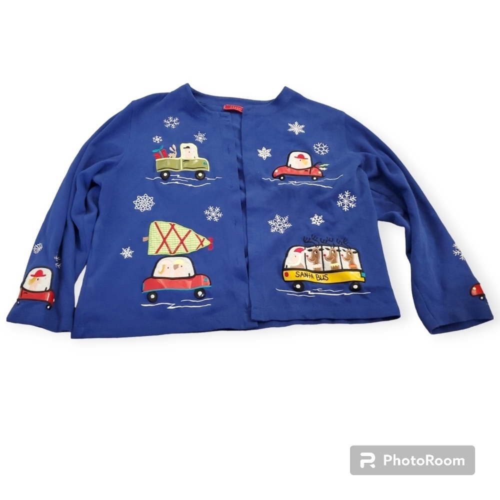 Women's blue Christmas Onque casuals button down sweater please read description